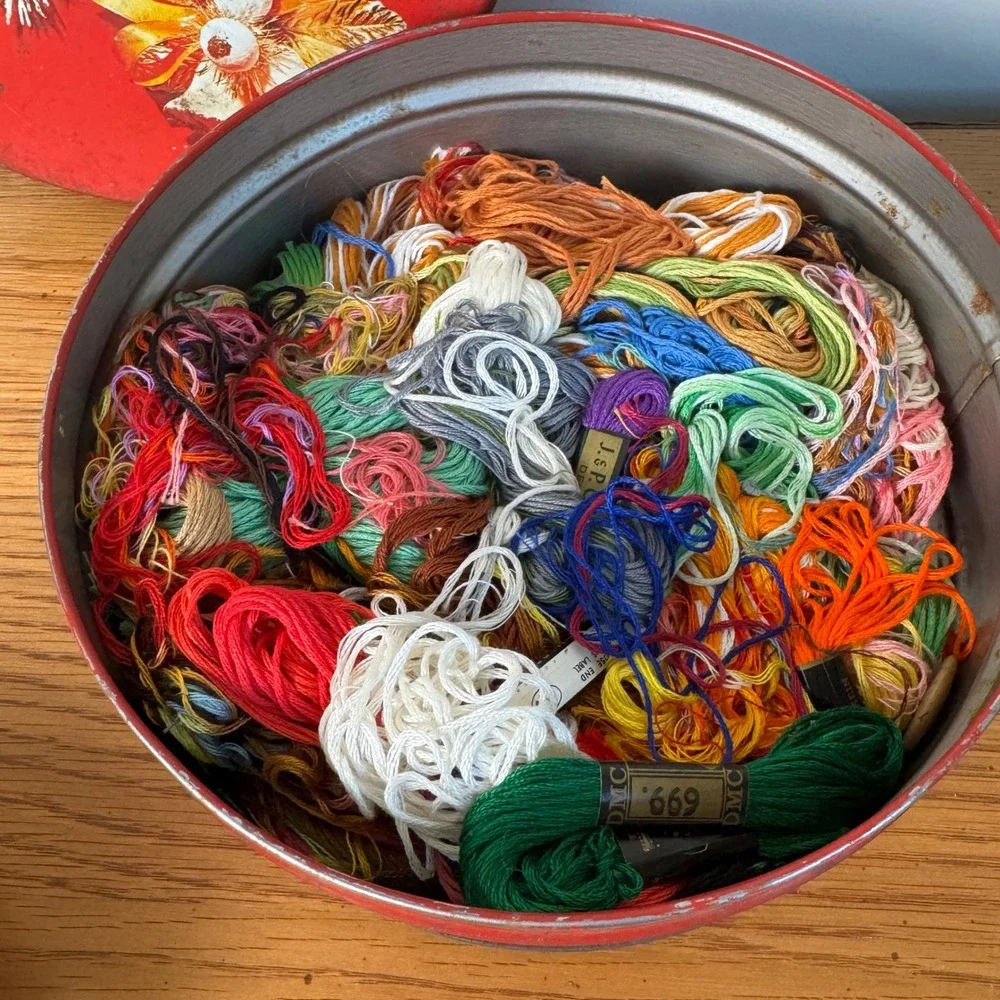 Vintage Christmas Red Tin with Embroidery Floss DMC Thread and Sewing Notions